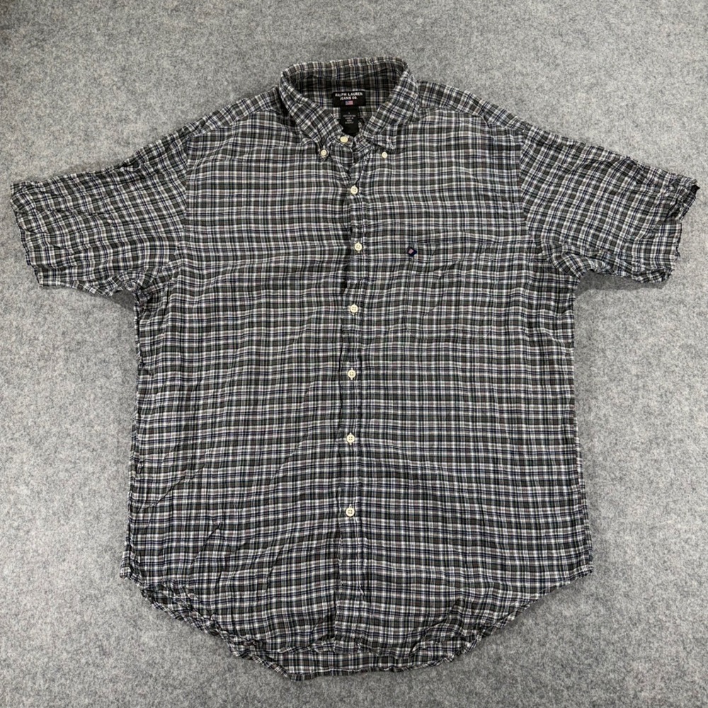 Ralph Lauren Jeans‎ Mens Large Plaid Button Down Shirt Short Sleeve Cotton Blue